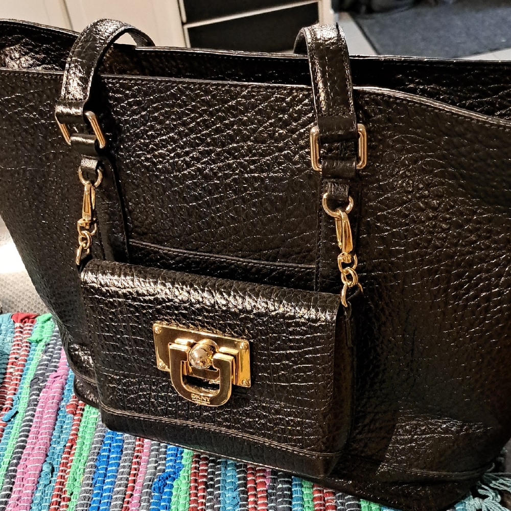 DKNY Black Textured Leather Tote with Gold Accents